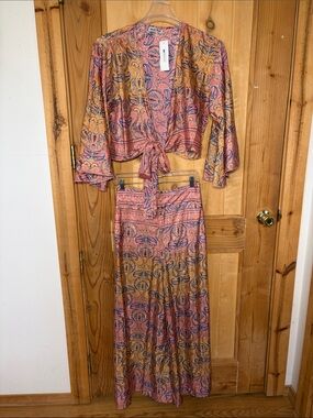 White Waves Two-Piece Pant Set in Pink, Peach, Royal Blue with Gold Accents